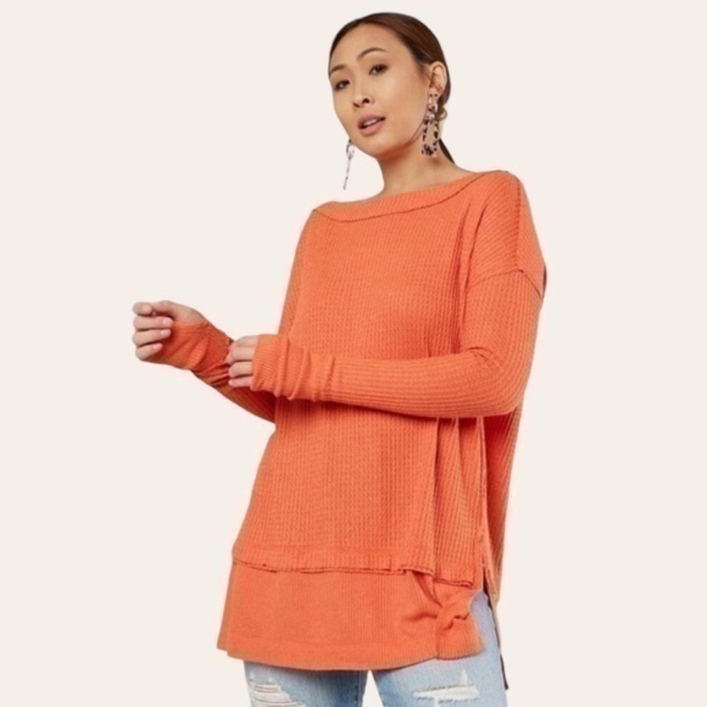 Free People North Shore Thermal Tunic Shirt Bright Coral Orange 💕